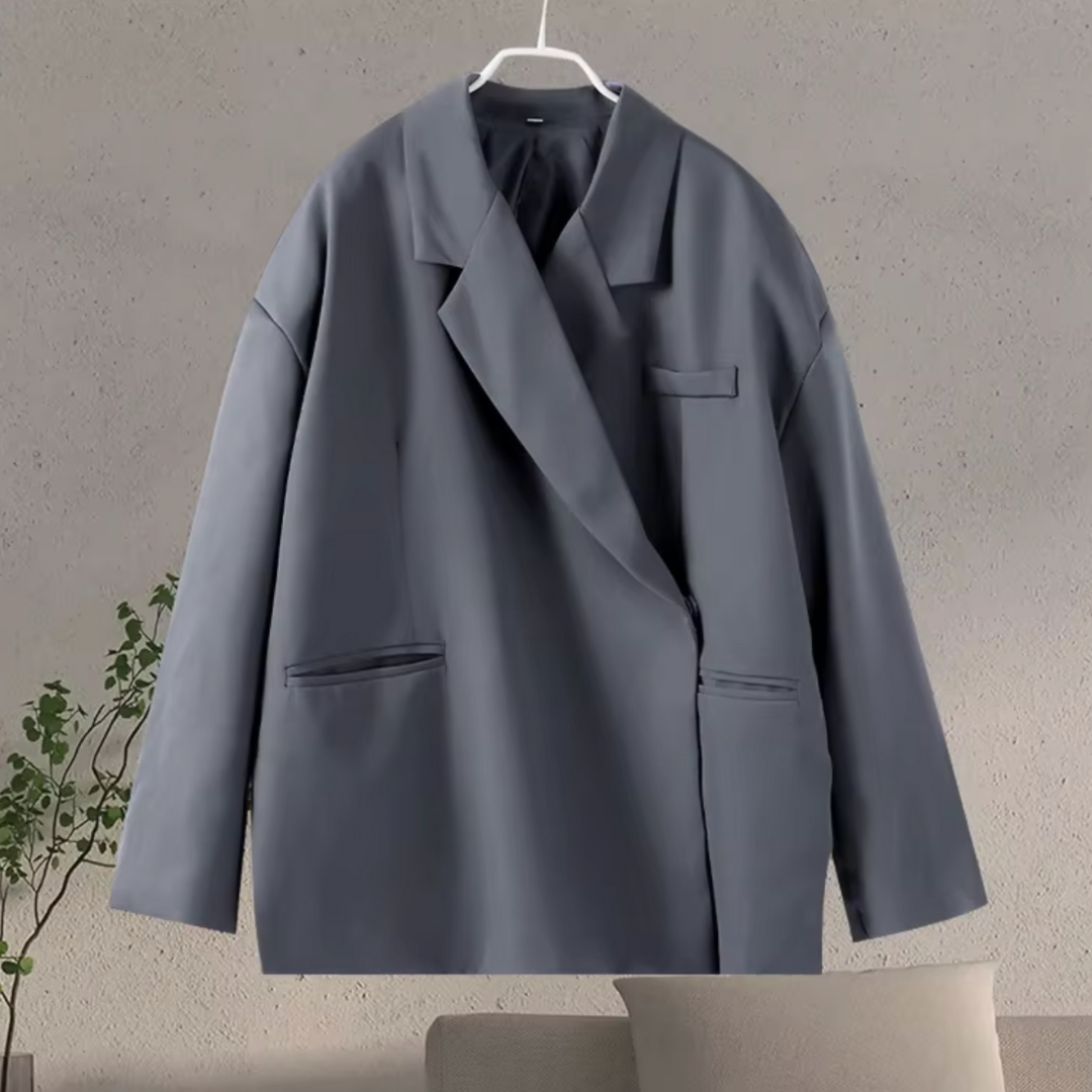 Oversized Double-Breasted Blazer with Shoulder Pads and Side Slits for Women