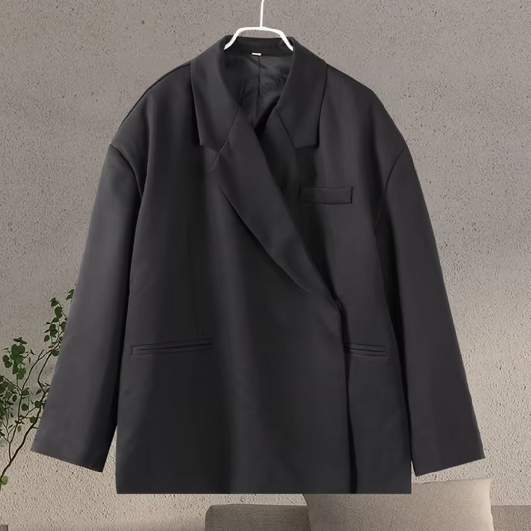 Oversized Double-Breasted Blazer with Shoulder Pads and Side Slits for Women