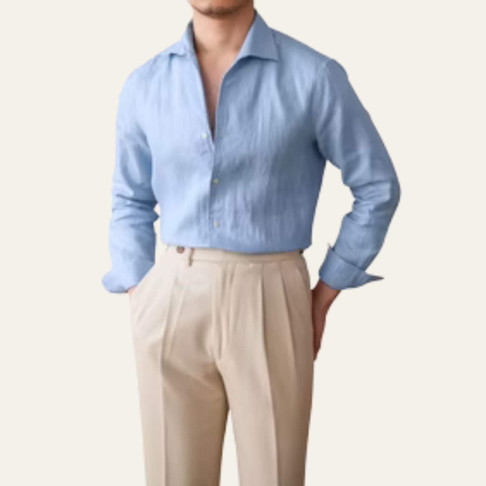 Chemise en Coton et Lin à Manches Longues pour Homme avec Col Rabattu et Boutons