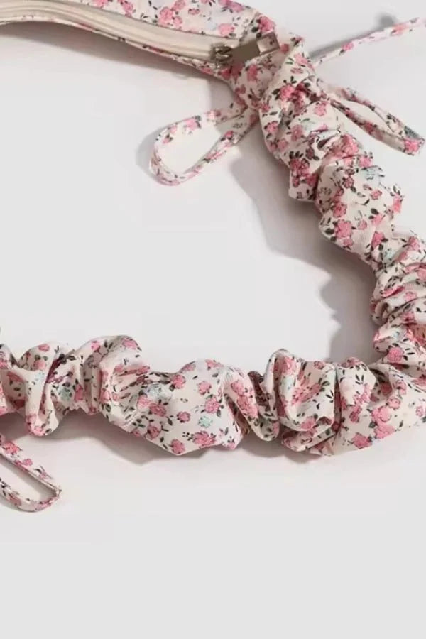 Sac à Main en Toile à Imprimé Floral avec Bandoulière Plissée et Détail Nœud