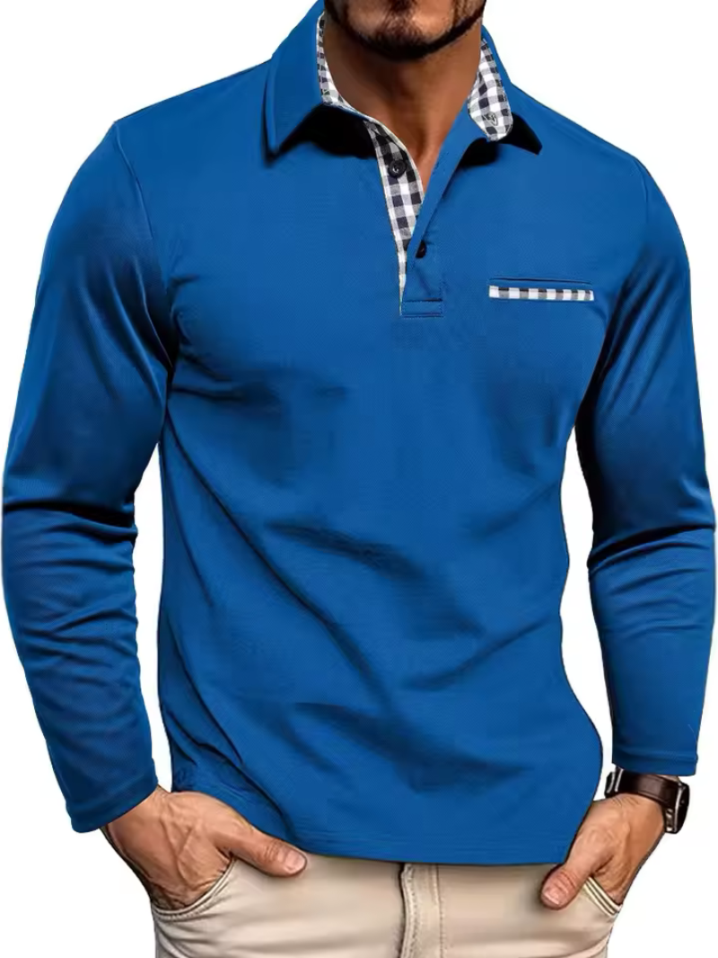 Men's long-sleeve polo with spread collar and breathable check pattern