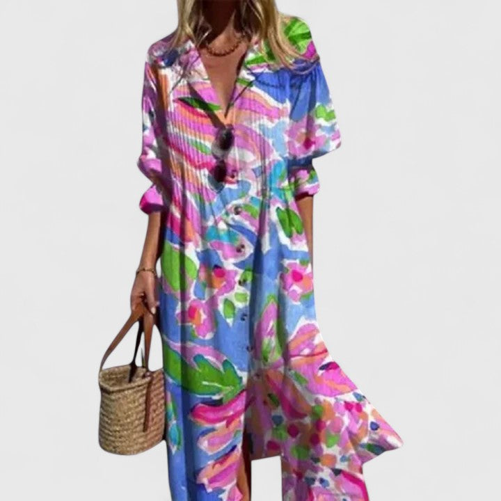 Robe Longue Imprimée à Col en V et Boutonnage Simple Style Bohème pour Femme