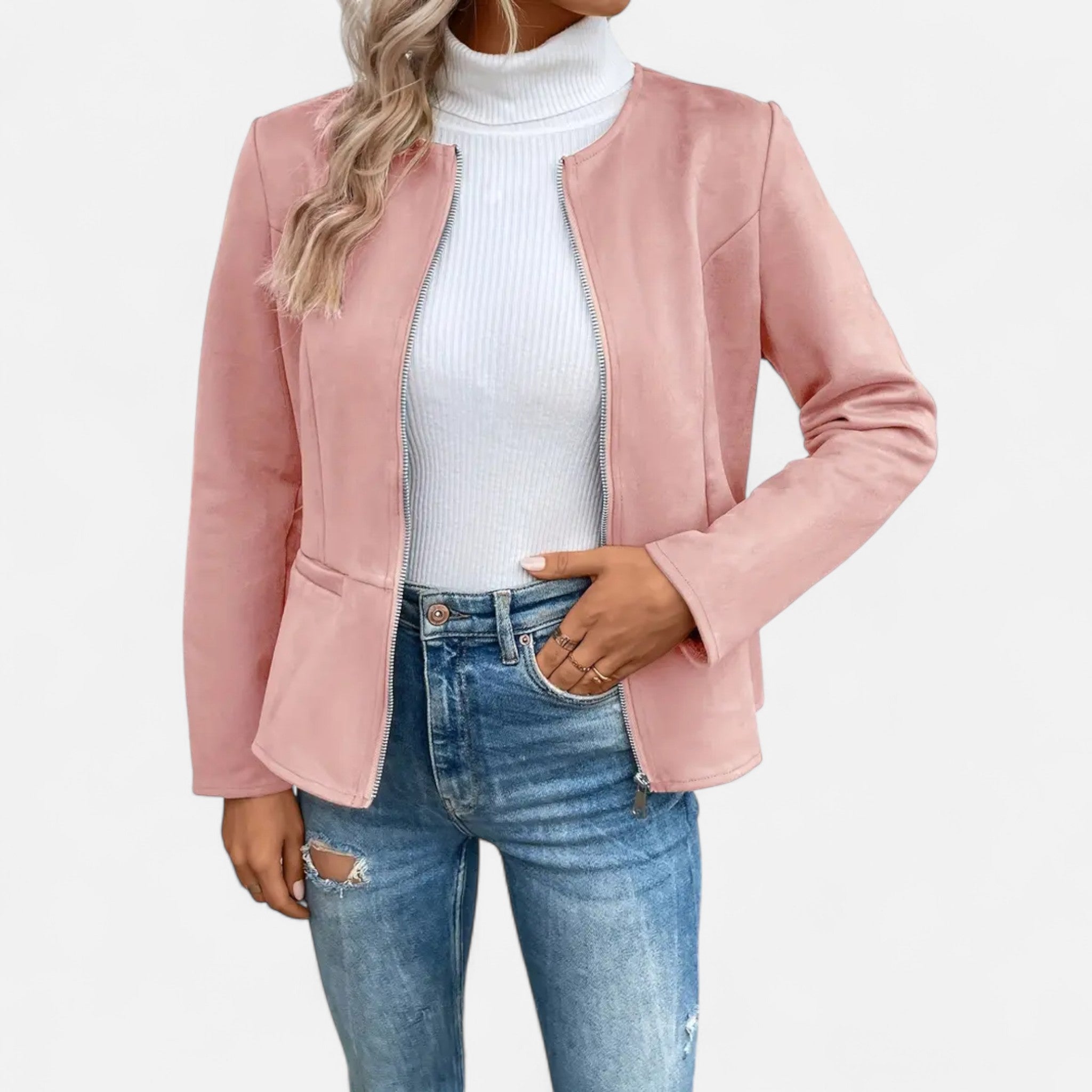 Velclairemode | Women's Short Zip-Up Jacket with Elegant Round Neck
