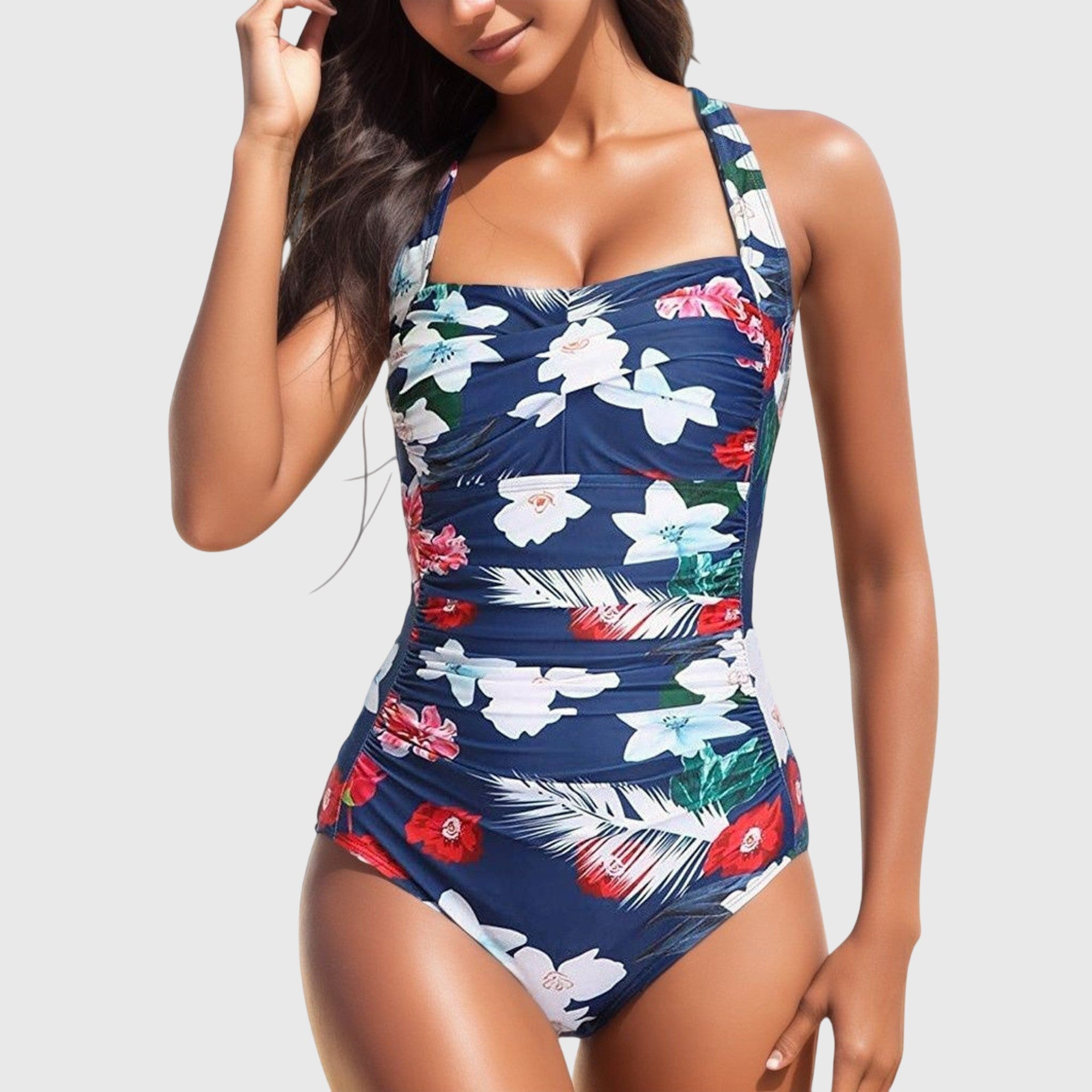 Costum de baie întreg cu imprimeu floral, cu fronseuri și spate decupat