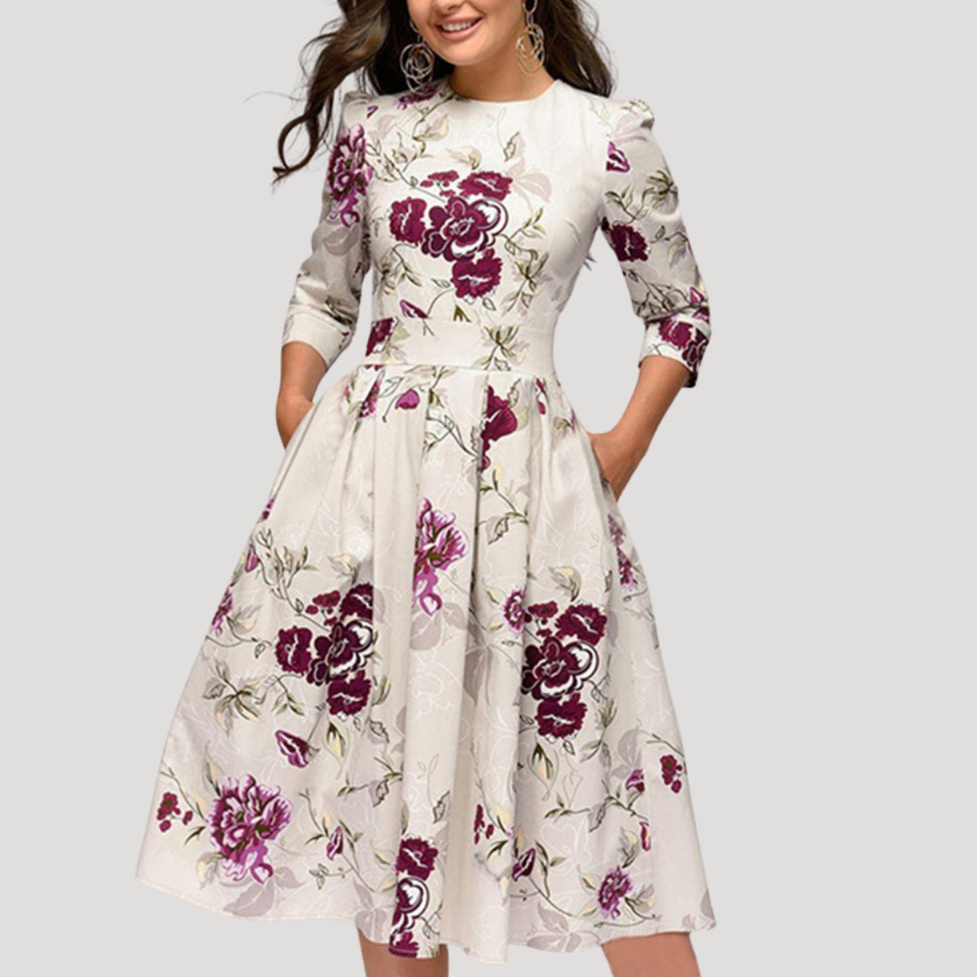 Vestido de Invitada para Boda con Estampado Botánico, Largo Midi y Mangas Largas