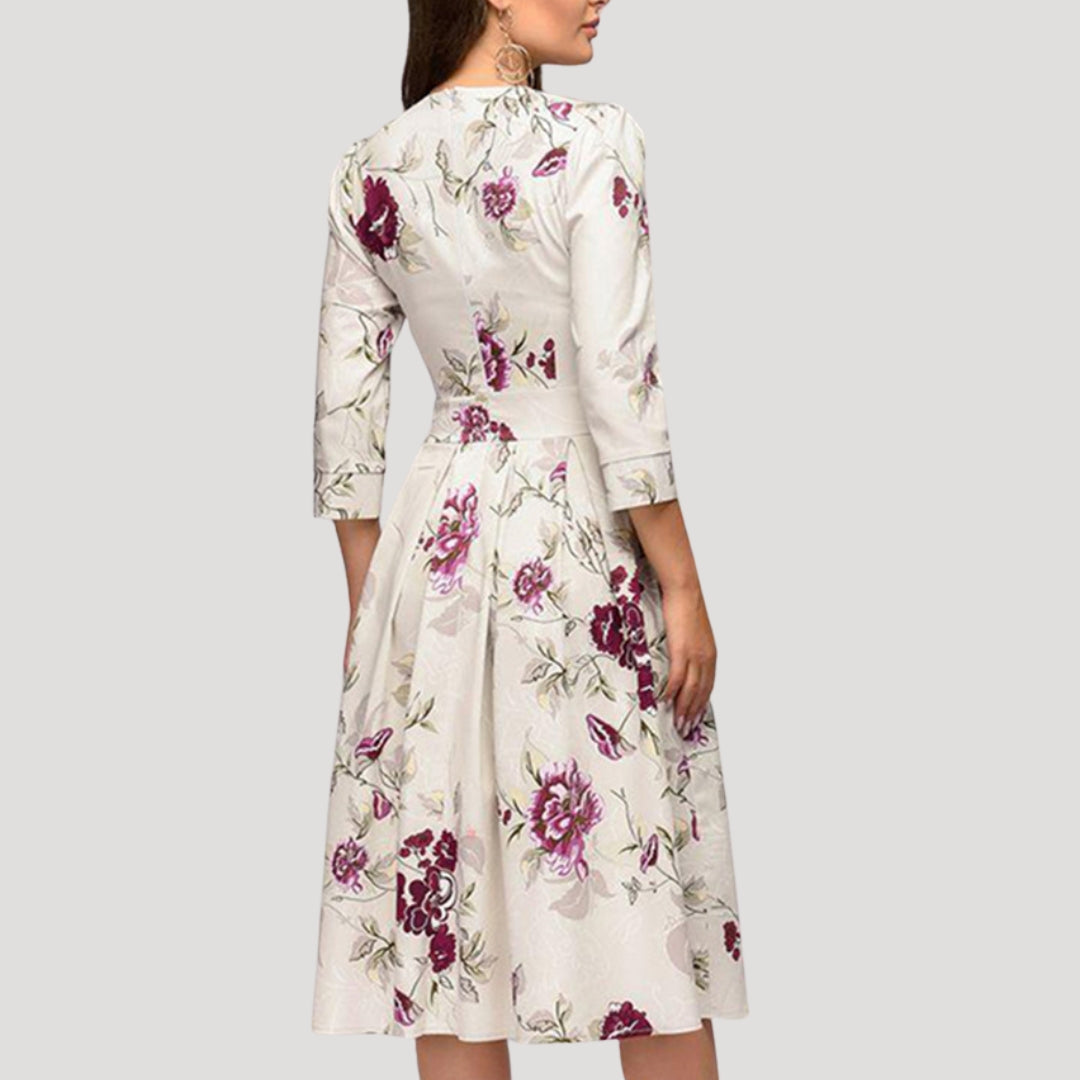Vestido de Invitada para Boda con Estampado Botánico, Largo Midi y Mangas Largas
