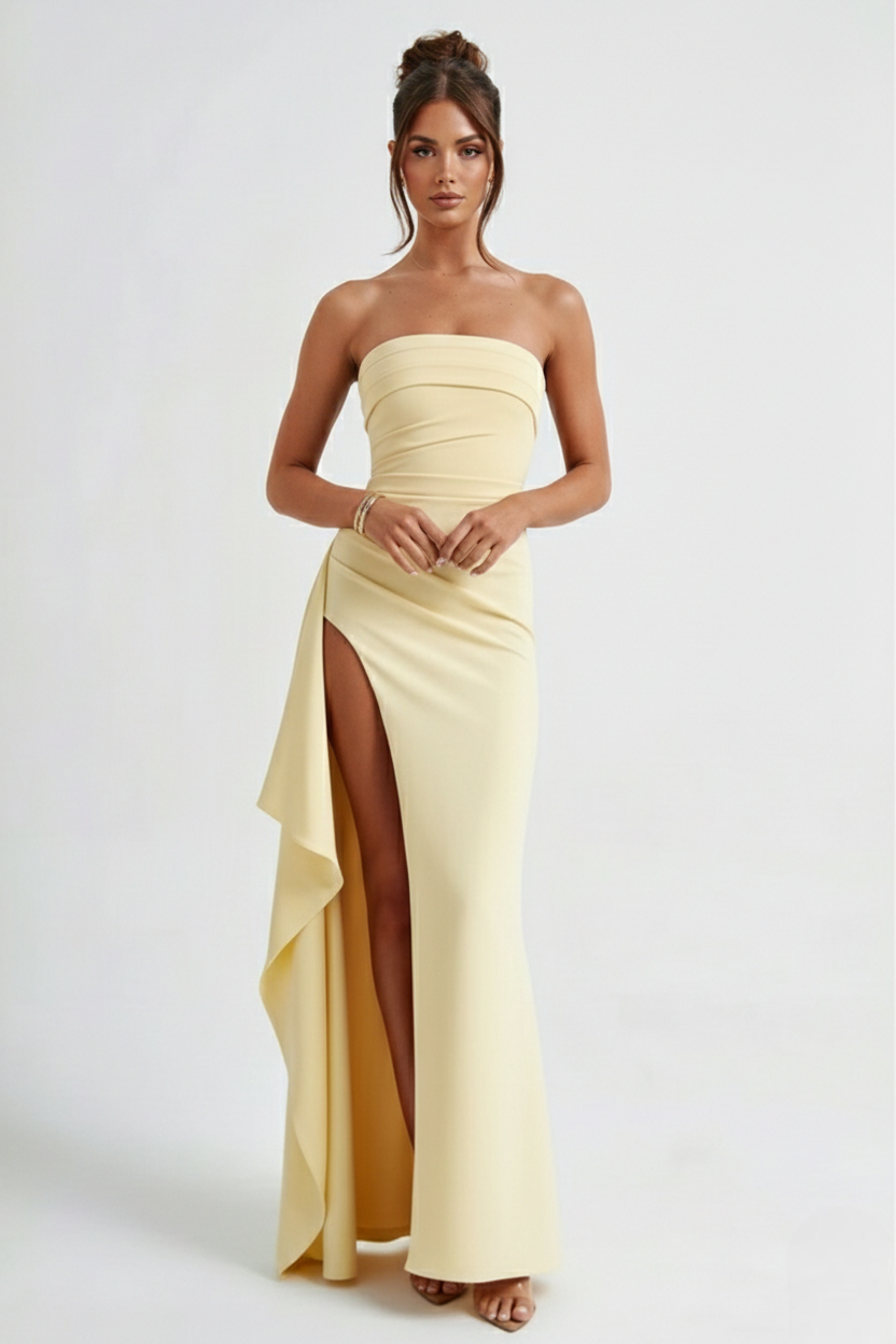 Long women's dress — ruched bustier with side slit | evening and gala