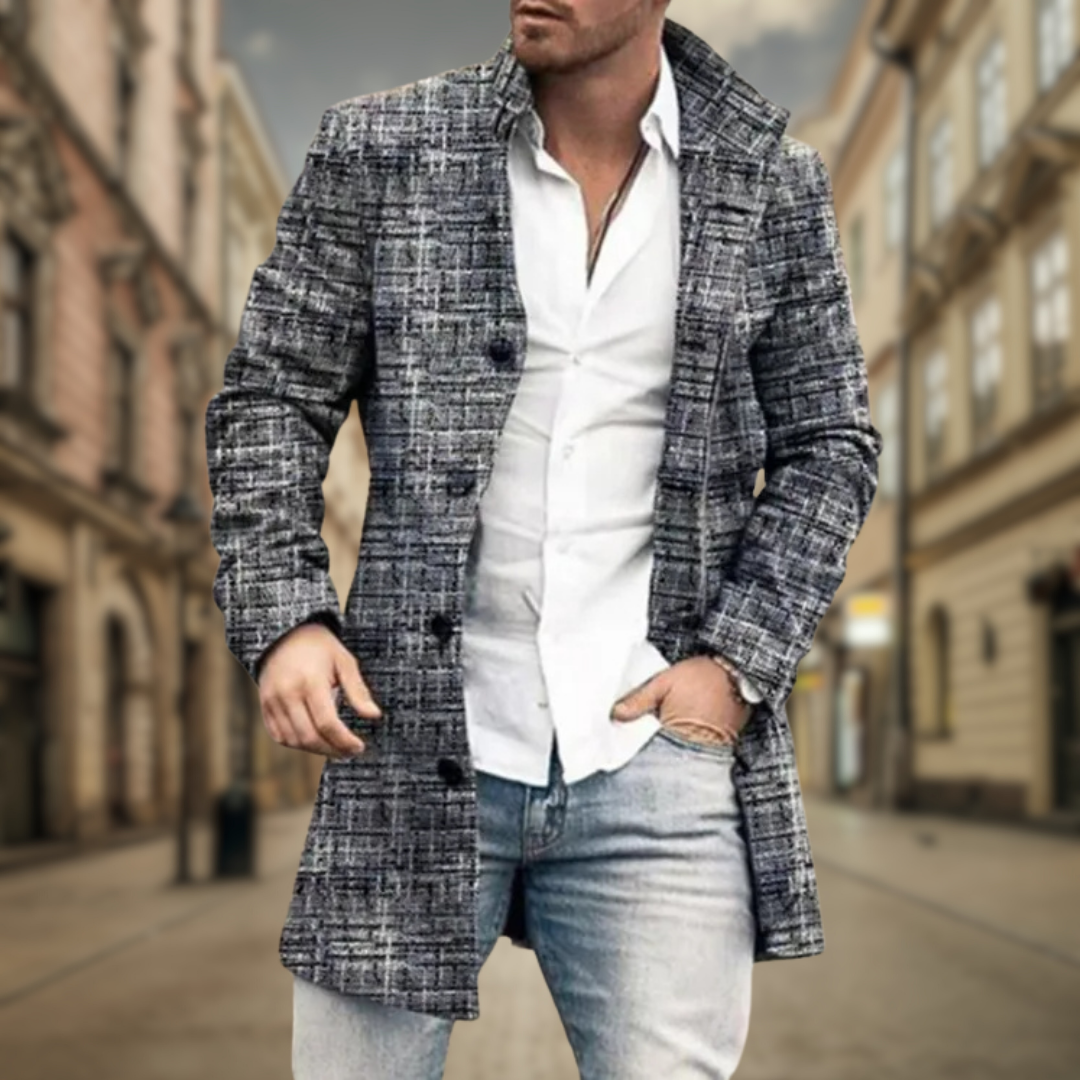 Pánský elegantní kabát do kanceláře i na každý den s univerzálním strukturovaným střihem