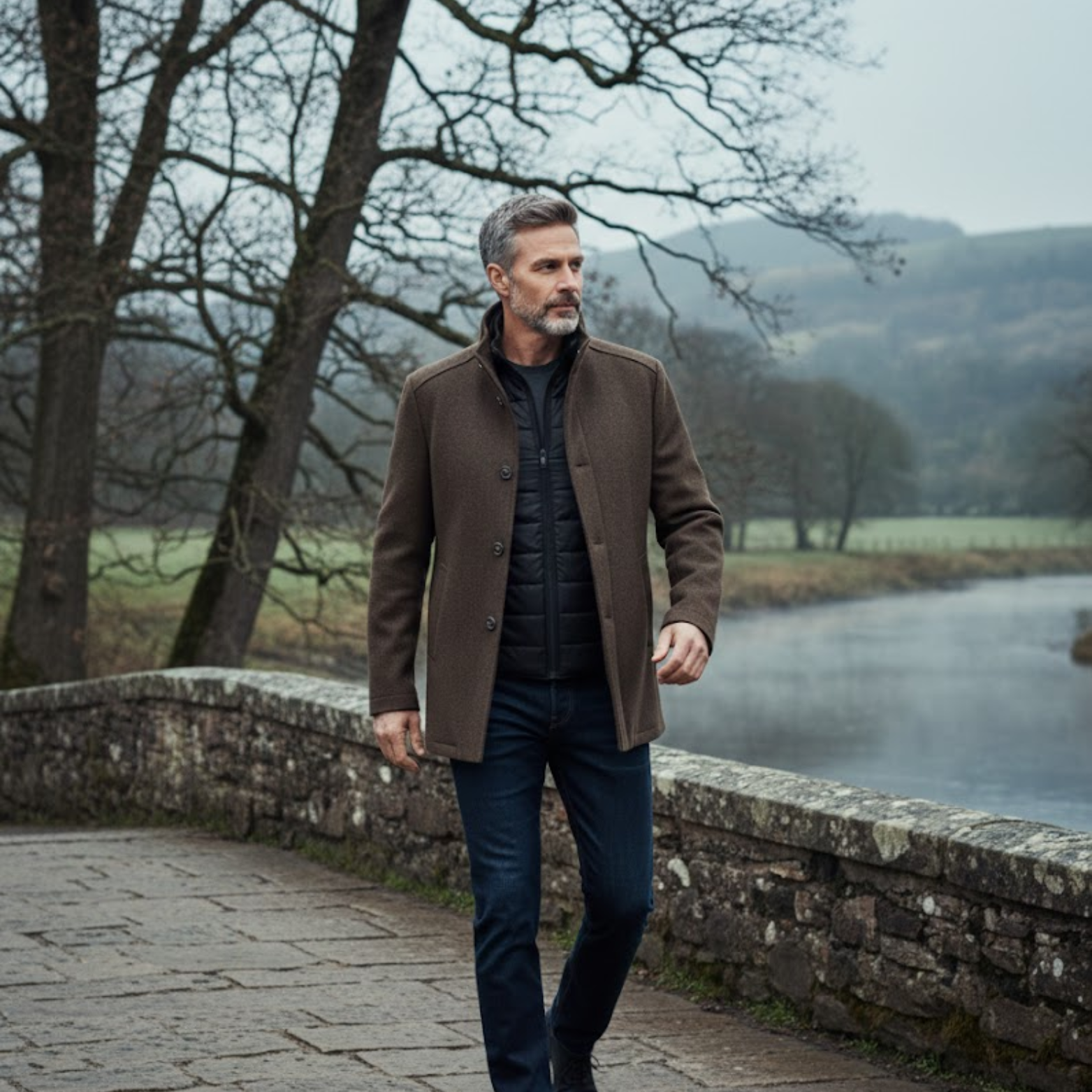 Manteau Long en Laine pour Homme Col Montant Simple Boutonnage avec Gilet