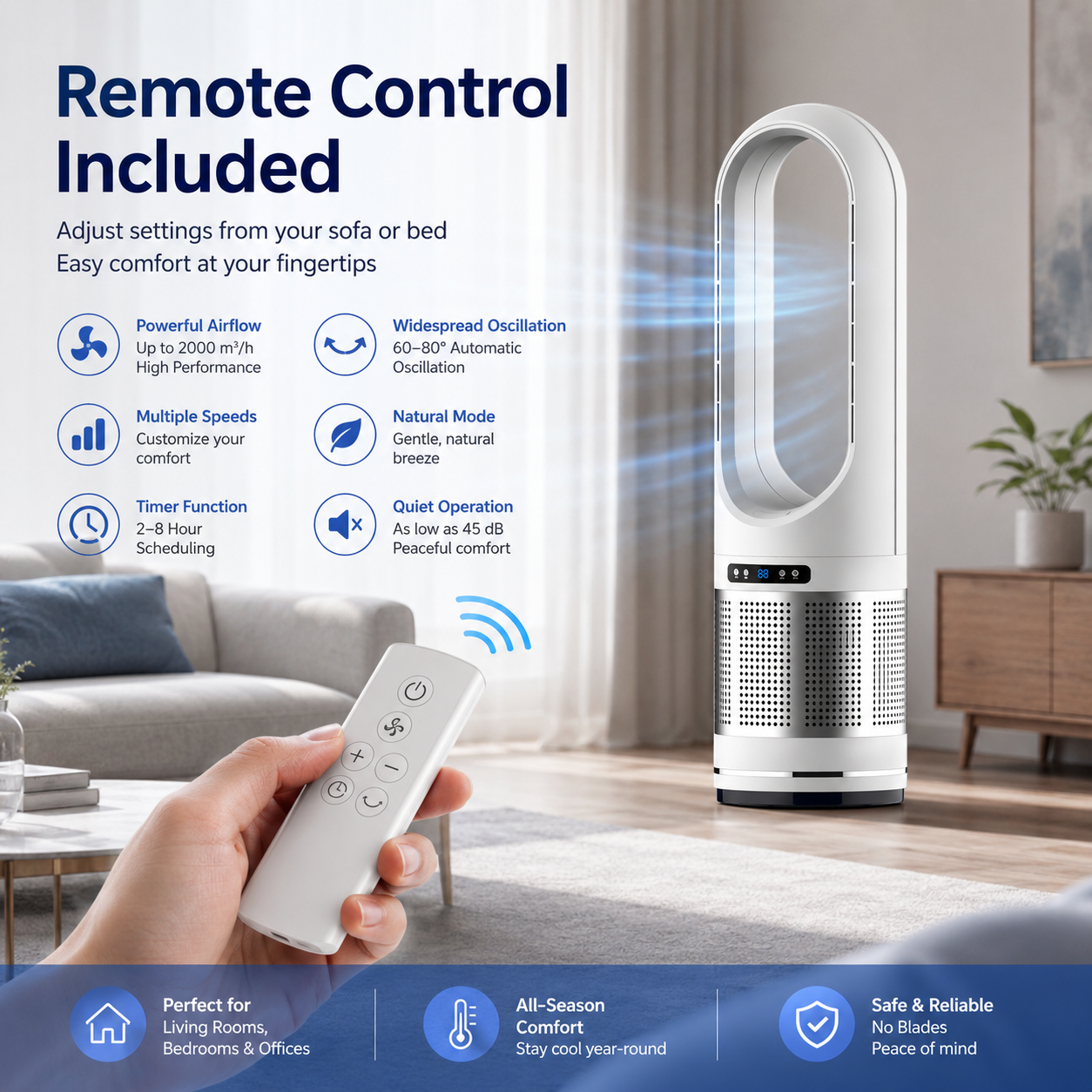Ventilador de columna sin aspas con control remoto