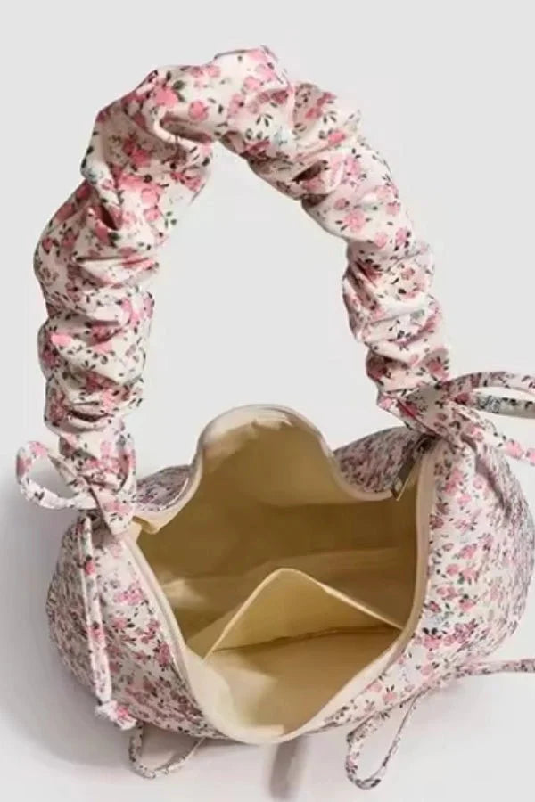 Sac à Main en Toile à Imprimé Floral avec Bandoulière Plissée et Détail Nœud