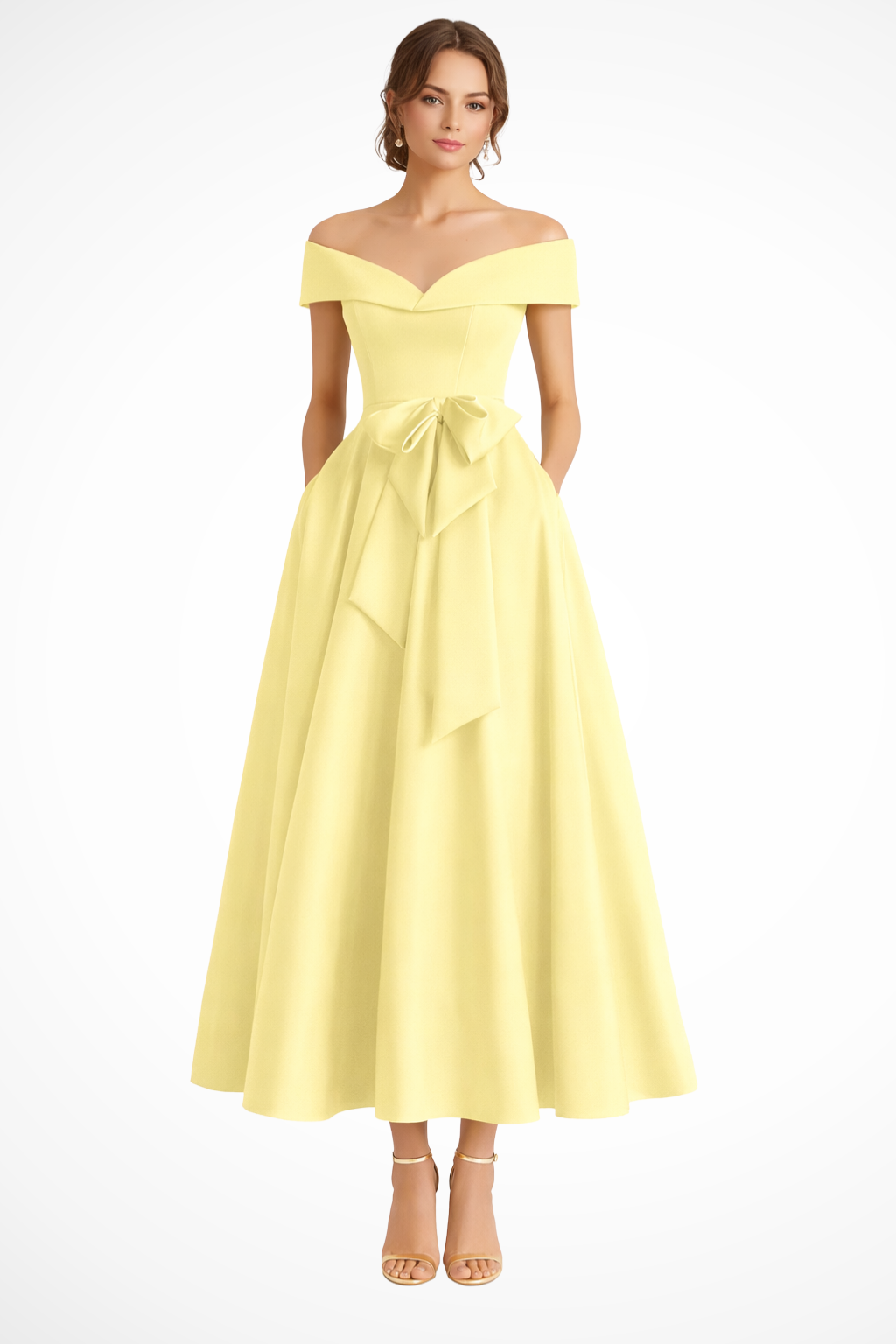 Robe Invitée de Mariage Midi de Style Patineuse à Épaules Nues et Nœud