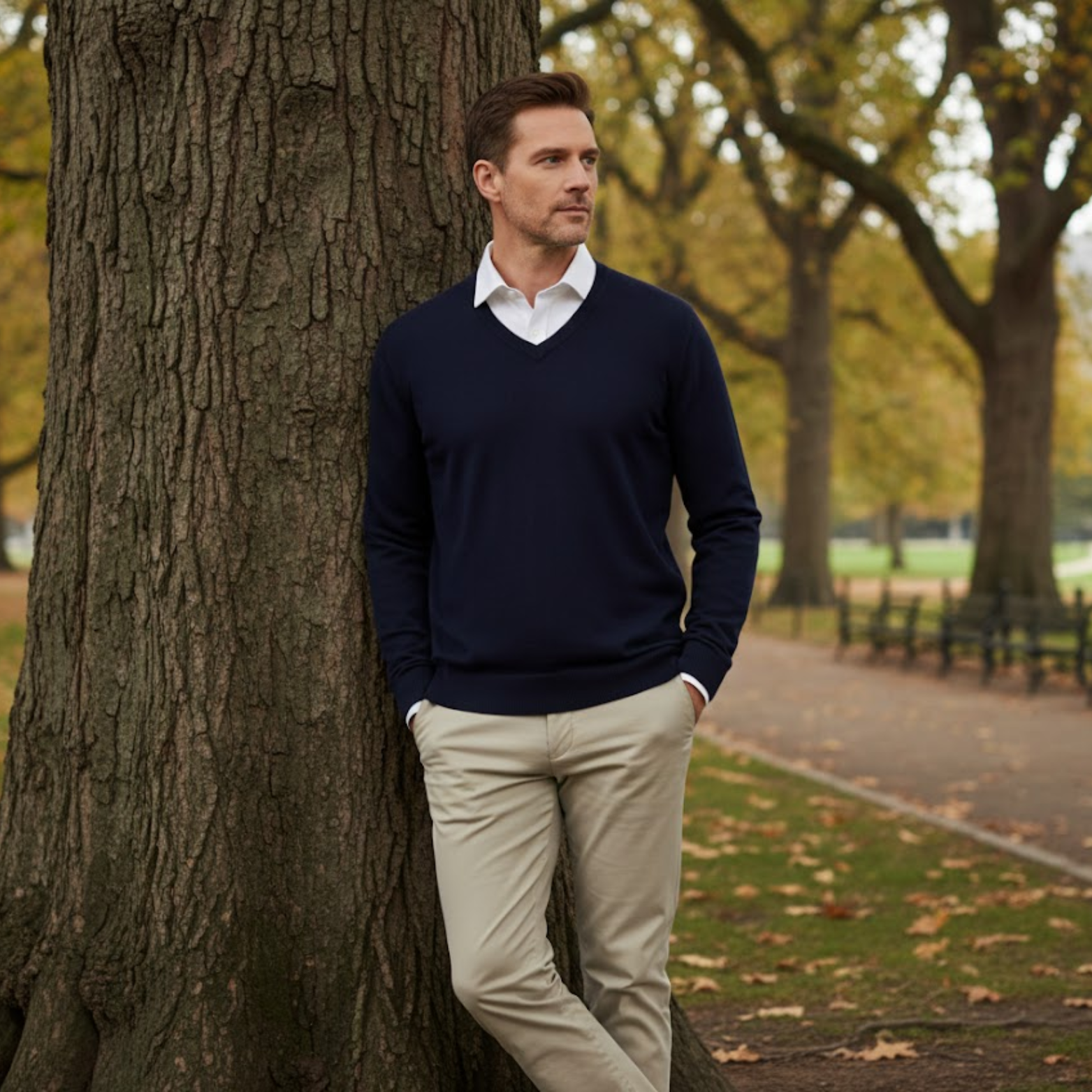 Pull en coton à col en V pour hommes, manches longues, coupe ample, décontracté