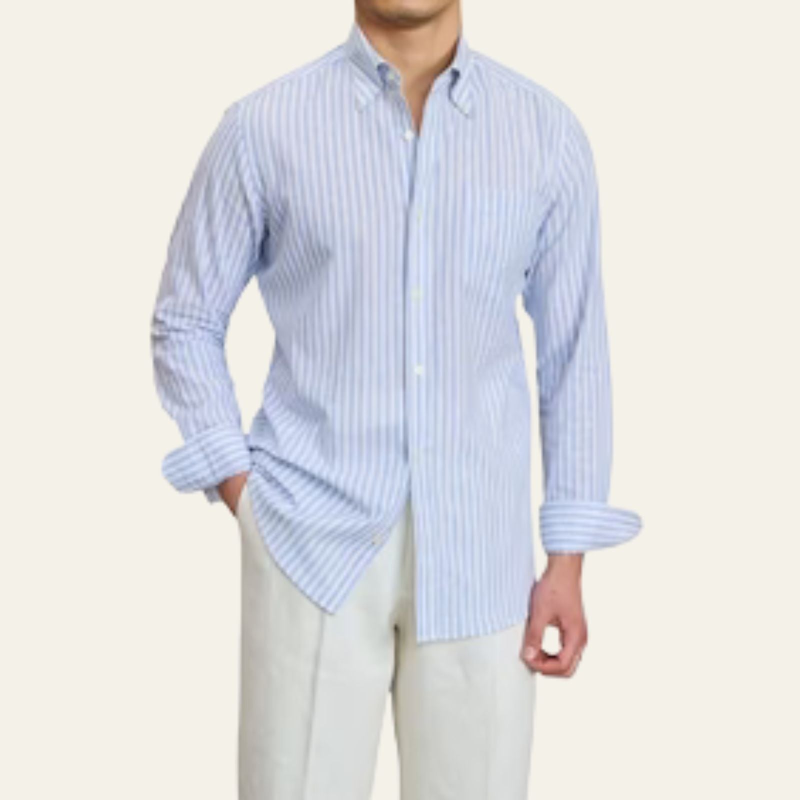 Chemise en Coton et Lin à Manches Longues pour Homme avec Col Rabattu et Boutons
