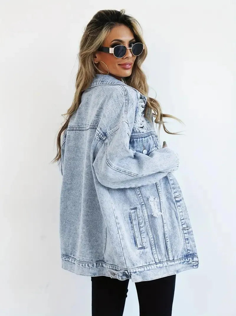 Oversize džínová bunda s dlouhými rukávy a knoflíky pro ženy