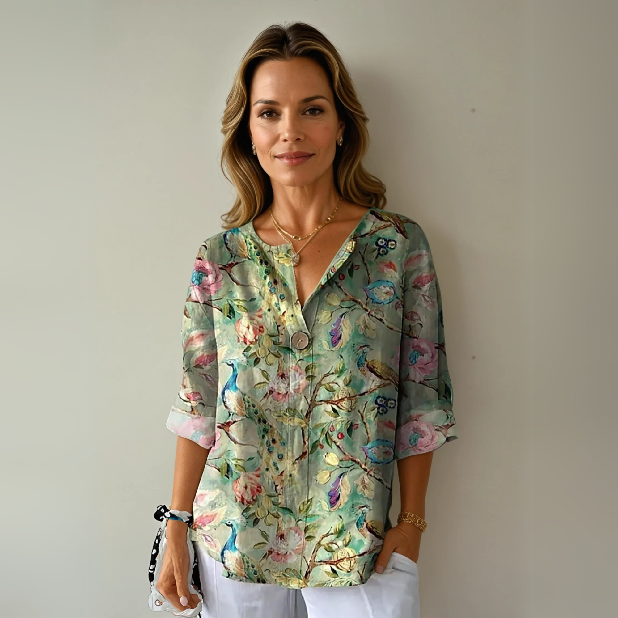 Chemisier fleuri femme — manches 3/4 et boutonnage — décontracté