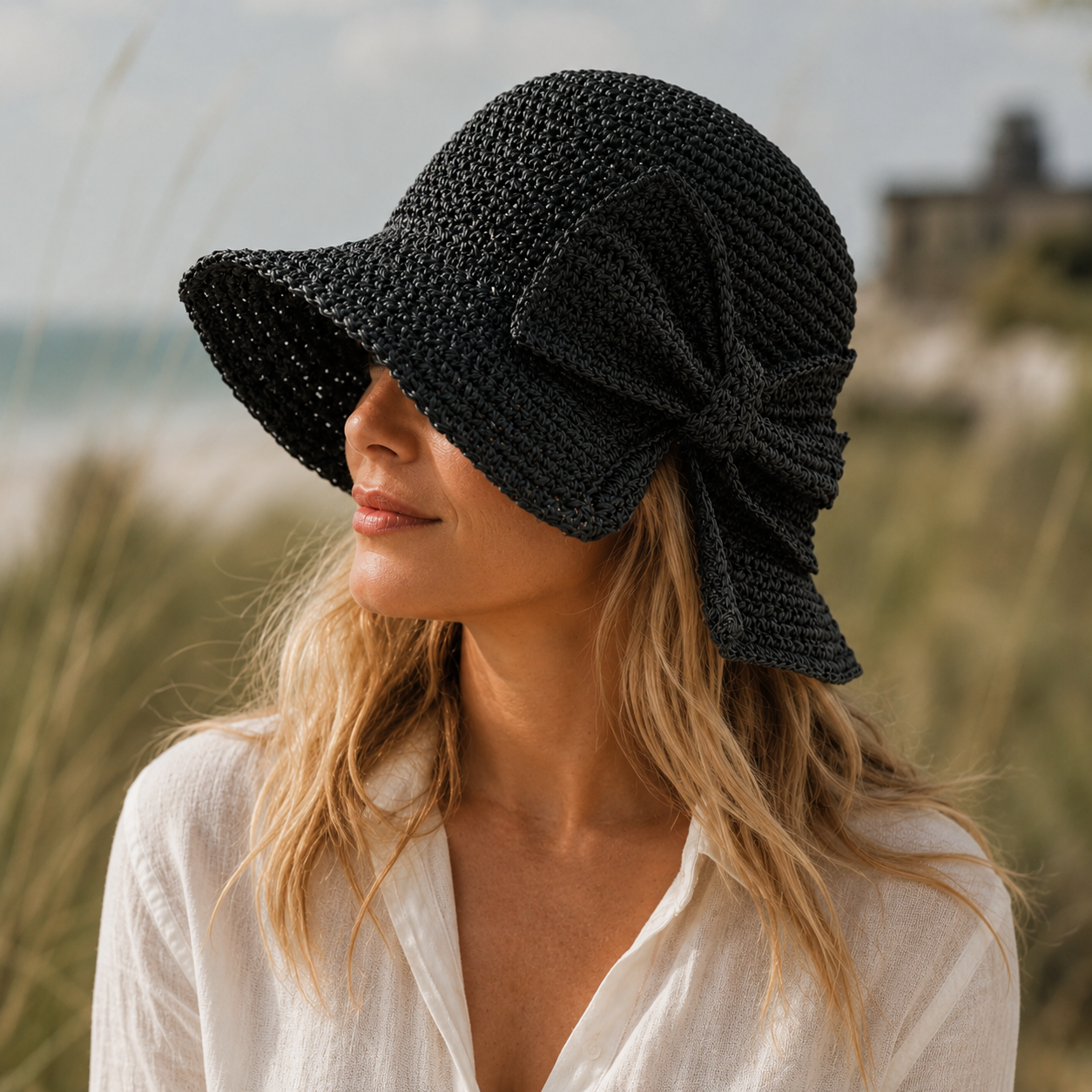 Chapeau de plage bucket hat pour femme | bord court souple | texture tressée