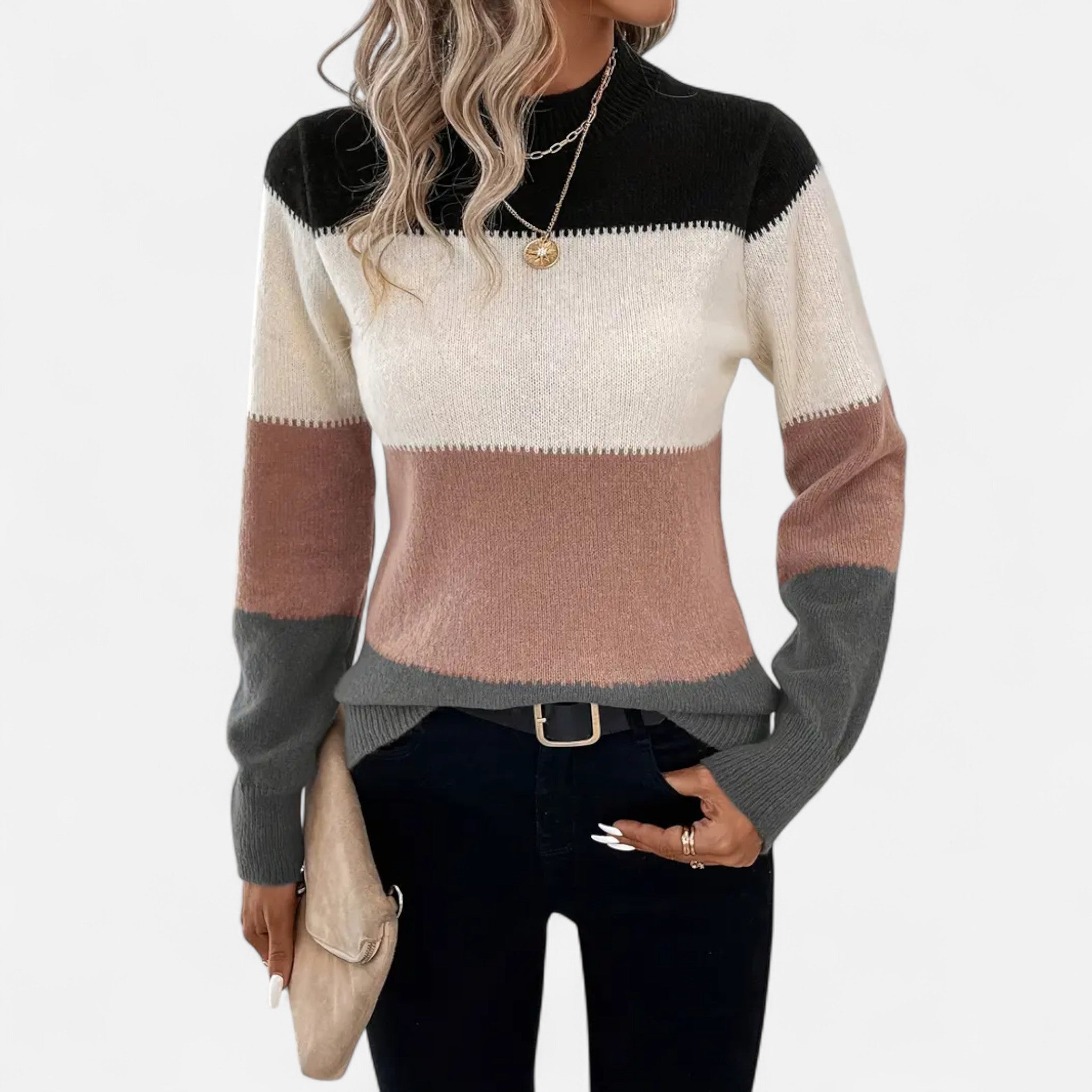 Velclairemode | Women's Color Block Stand-Up Collar Sweater for Fall-Winter