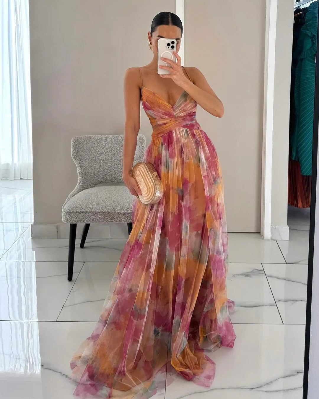 Long Floral Dress Off-Shoulder Flowing Tulle Boho Chic Style