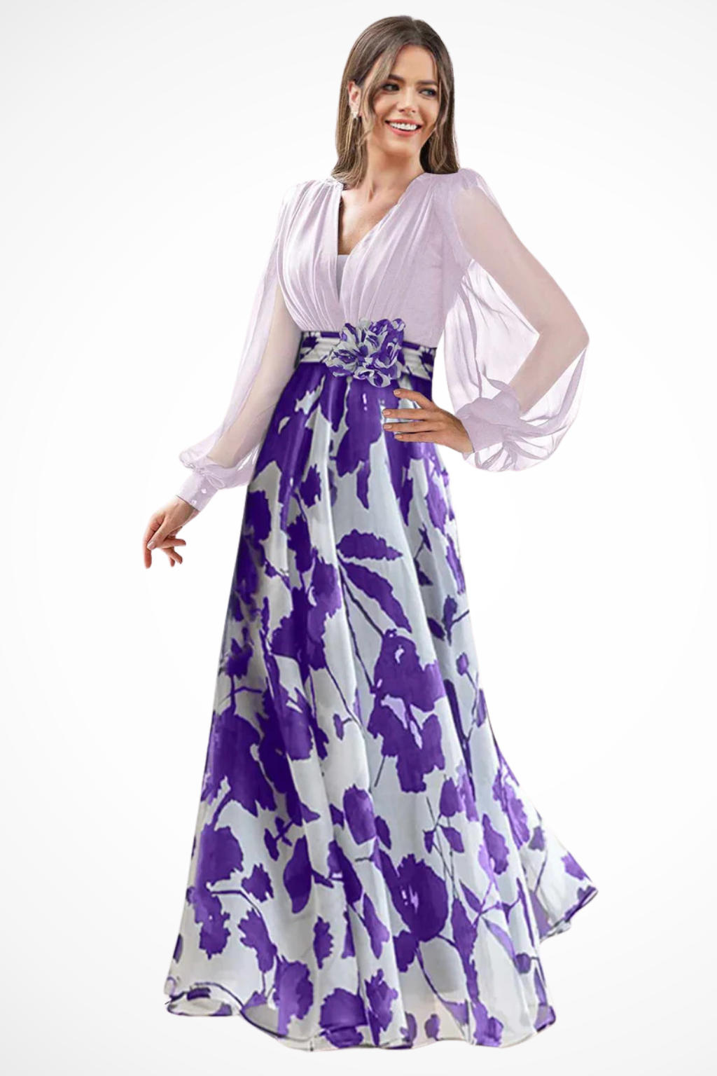 Ceremony Dress Wedding Guest Dress Long with Botanical Print and Puff Sleeves