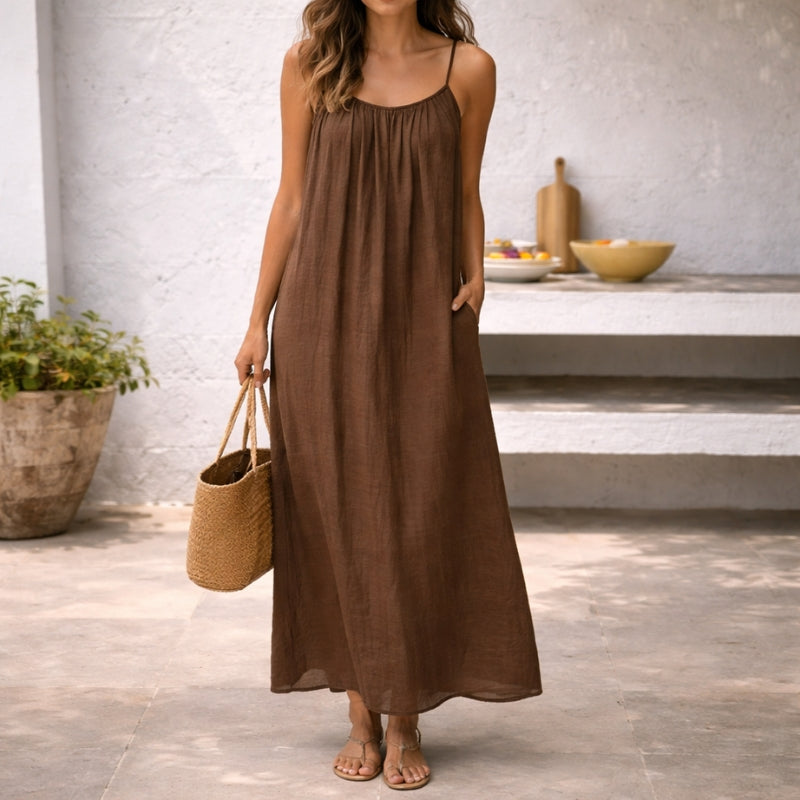 Robe Longue en Lin et Coton à Bretelles Spaghetti Réglables et Dos Nu pour Femme