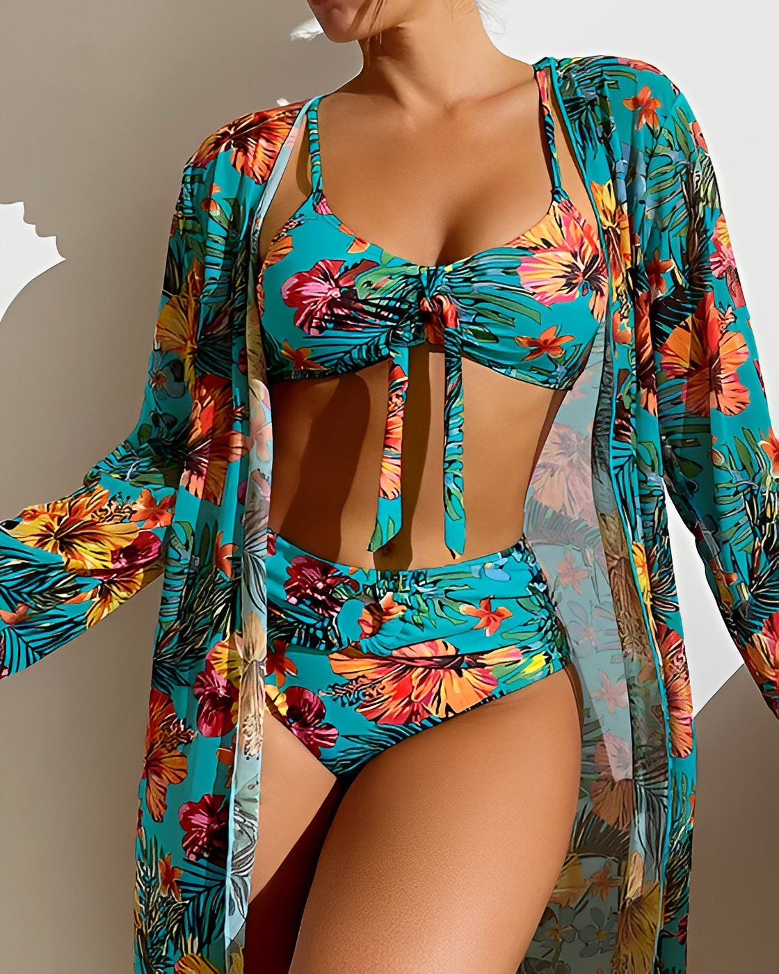 Dámské 3dílné plavky s kimono plážovým kabelem s botanickým potiskem