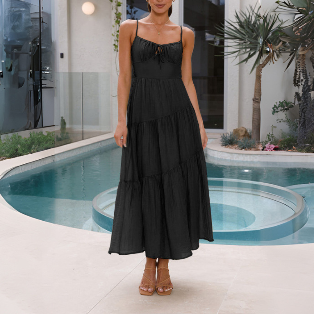 Robe Longue à Bretelles Fines avec Corsage Ajusté et Jupe Évasée à Volants