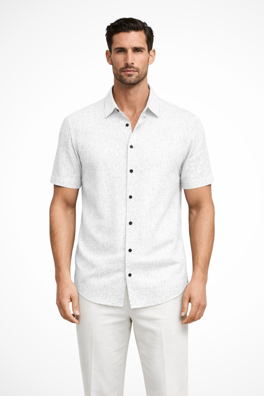 Camisa Casual de Manga Curta para Homem com Textura Sutil e Gola Pontuda