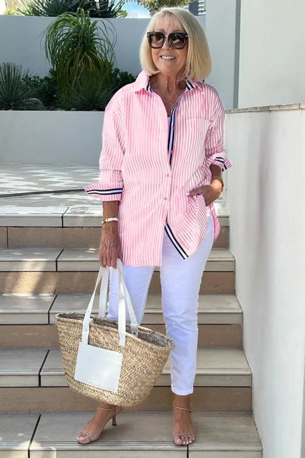 Women's Long Striped Shirt with Loose Fit and Chest Pocket