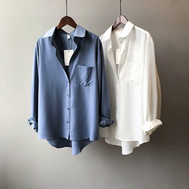 Chemise à Manches Longues en Mousseline de Polyester avec Poche Poitrine pour Femme