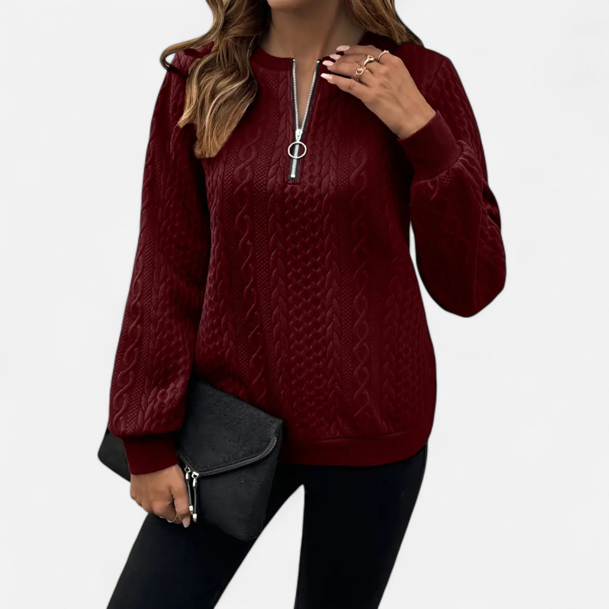 Velclairemode | Women's Textured Half-Zip Sweatshirt for Fall-Spring
