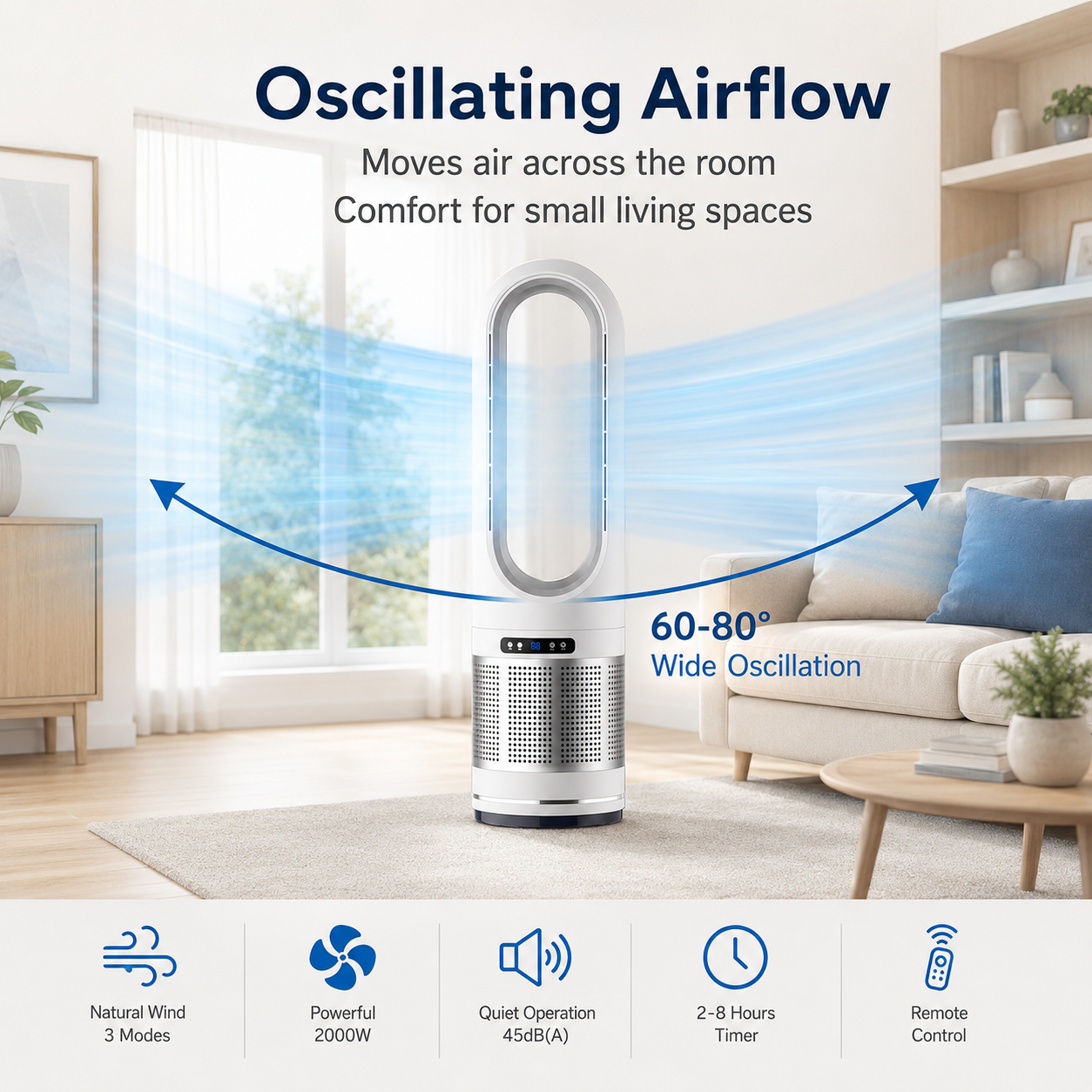 Ventilador de columna sin aspas con control remoto