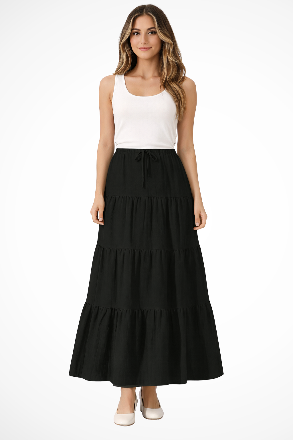 Saia de Estilo Boho com Cintura Alta Ajustável e Painéis Sobrepostos