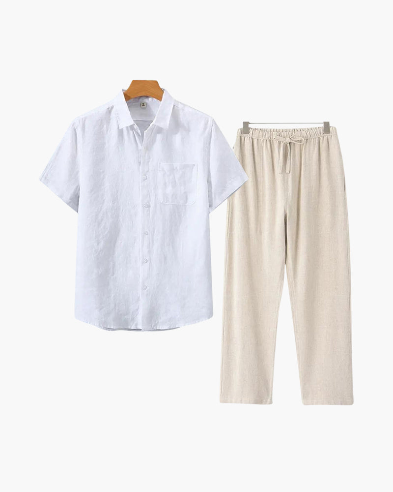 Completo Relax in Lino Puro da Uomo con Camicia a Maniche Lunghe e Pantaloni