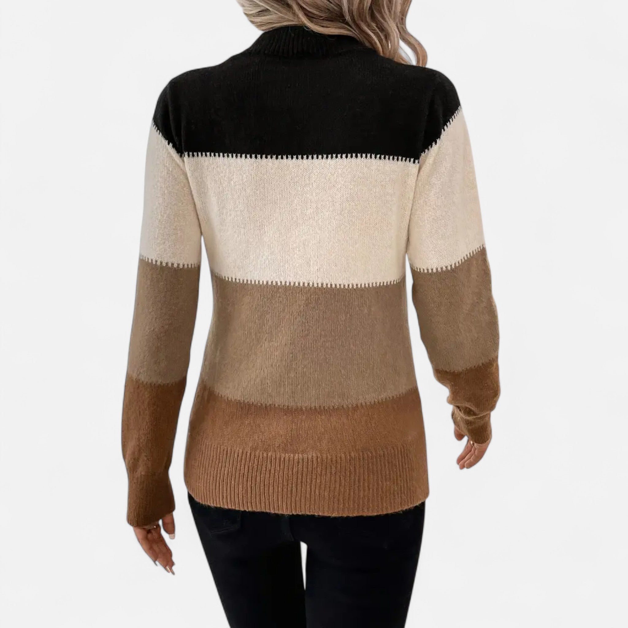 Velclairemode | Women's Color Block Stand-Up Collar Sweater for Fall-Winter