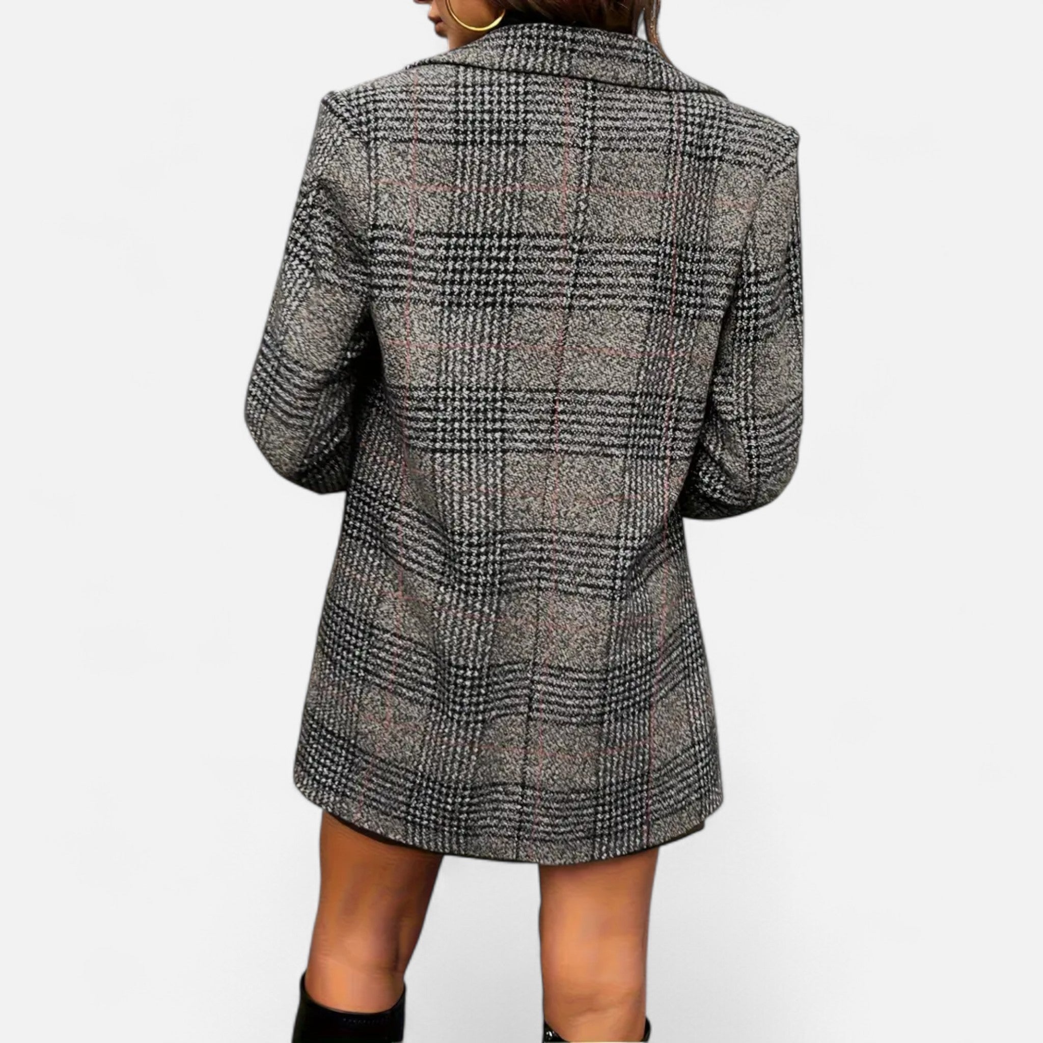 Velclairemode | Women's Elegant Double-Breasted Plaid Coat
