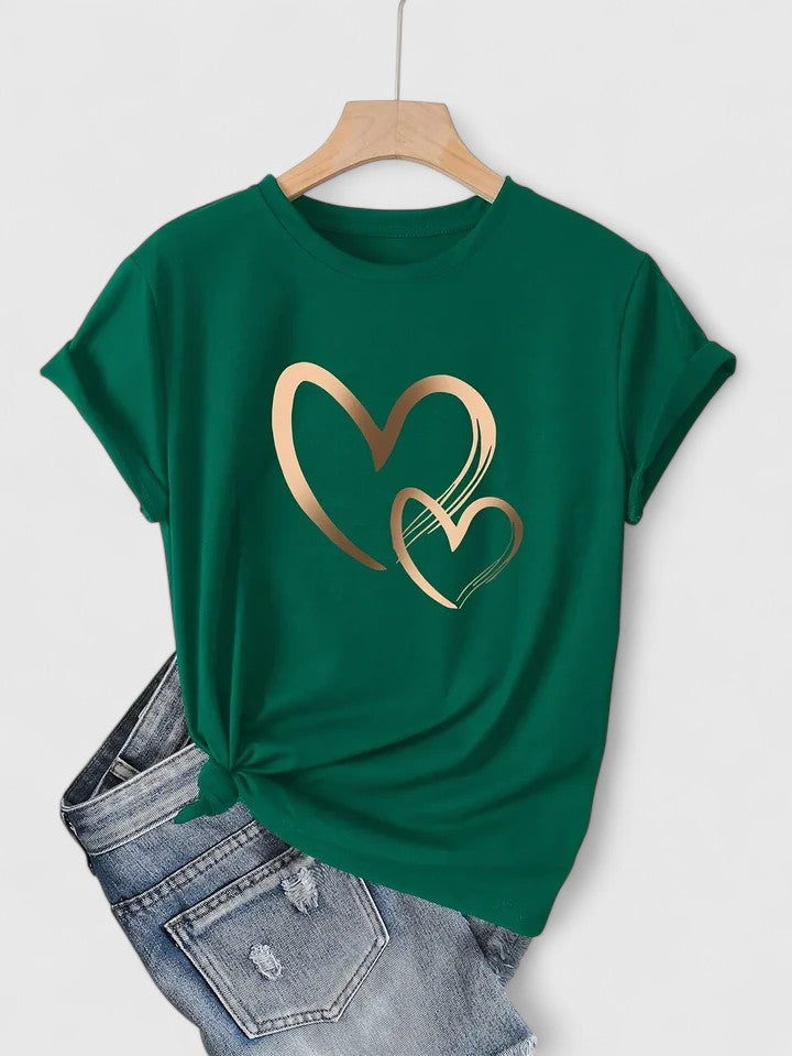 Short Sleeve T-shirt with Heart Print and Round Neck for Women Relaxed Fit