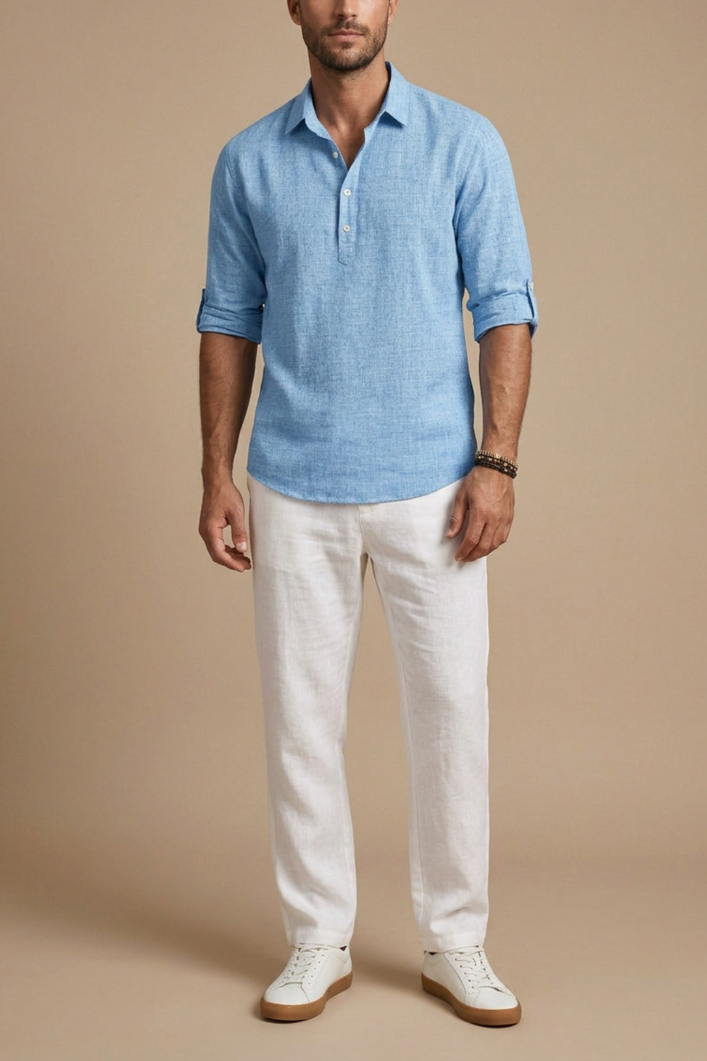 Polo de lino para hombre — corte clásico mangas cortas — playa
