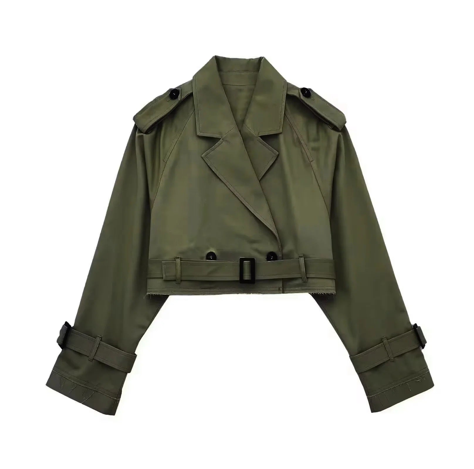 Short Trench Coat for Women with Waist Belt and Long Turn-Up Sleeves