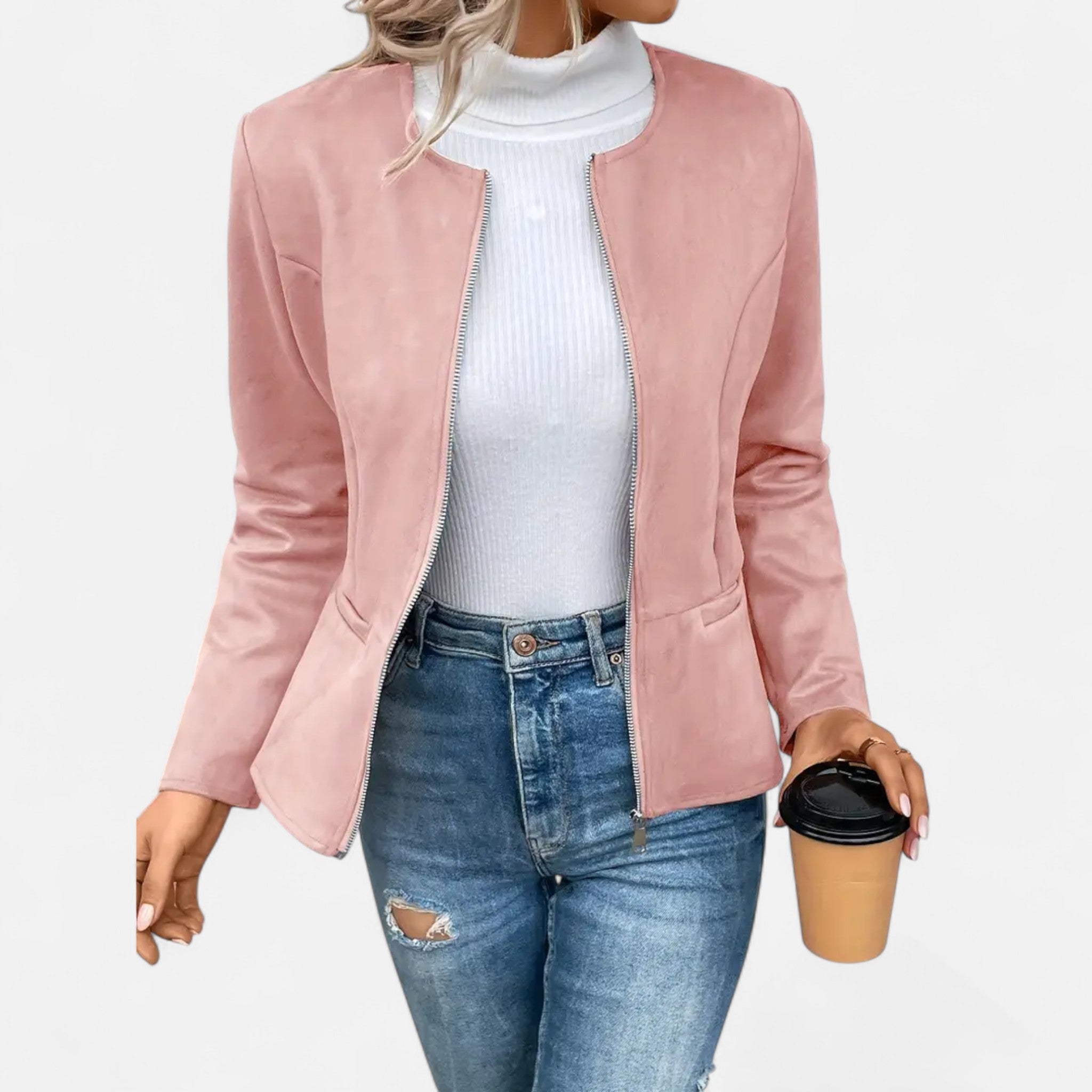 Velclairemode | Women's Short Zip-Up Jacket with Elegant Round Neck