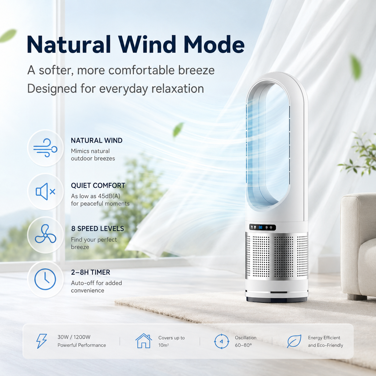 Ventilador de columna sin aspas con control remoto