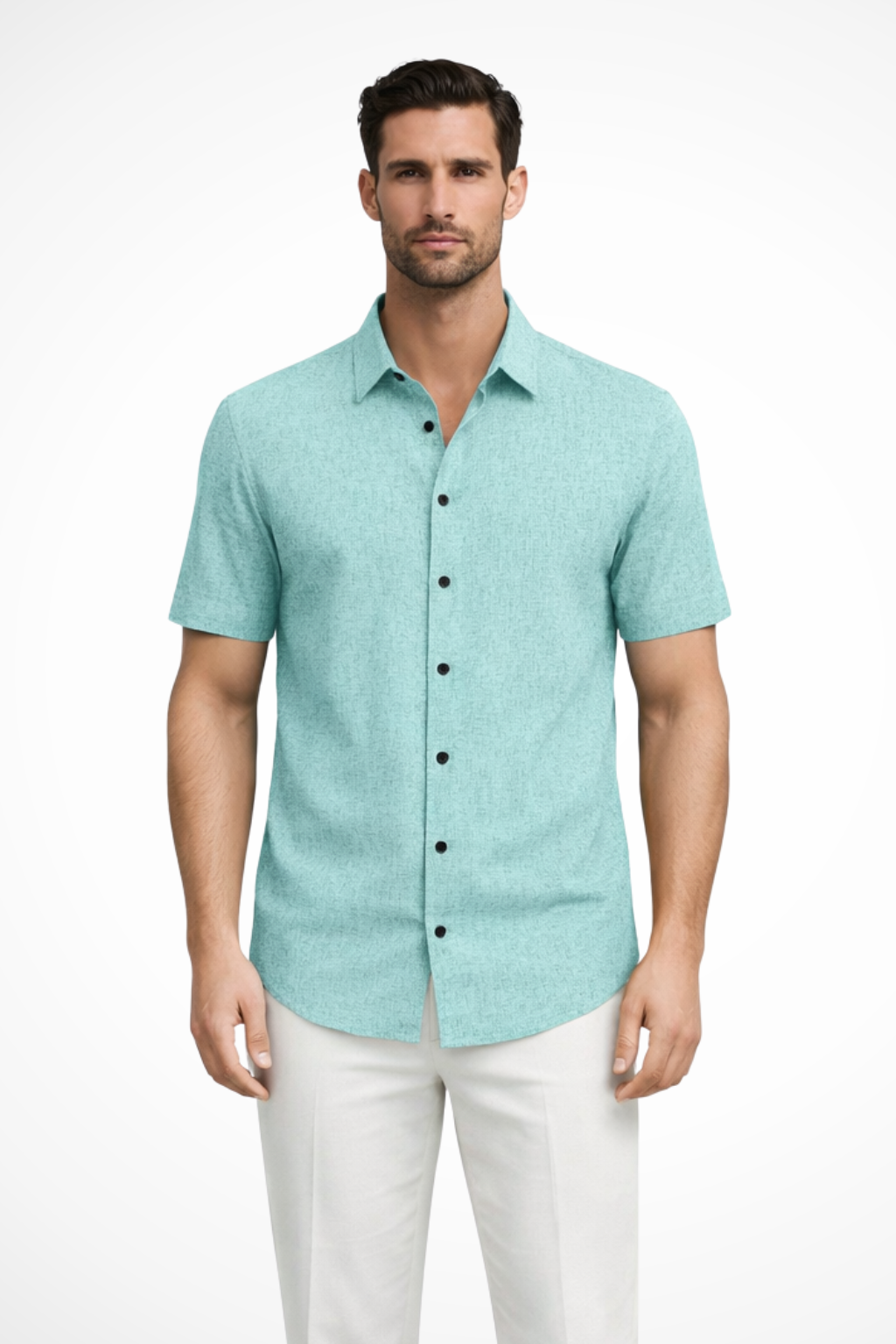 Camisa Casual de Manga Curta para Homem com Textura Sutil e Gola Pontuda