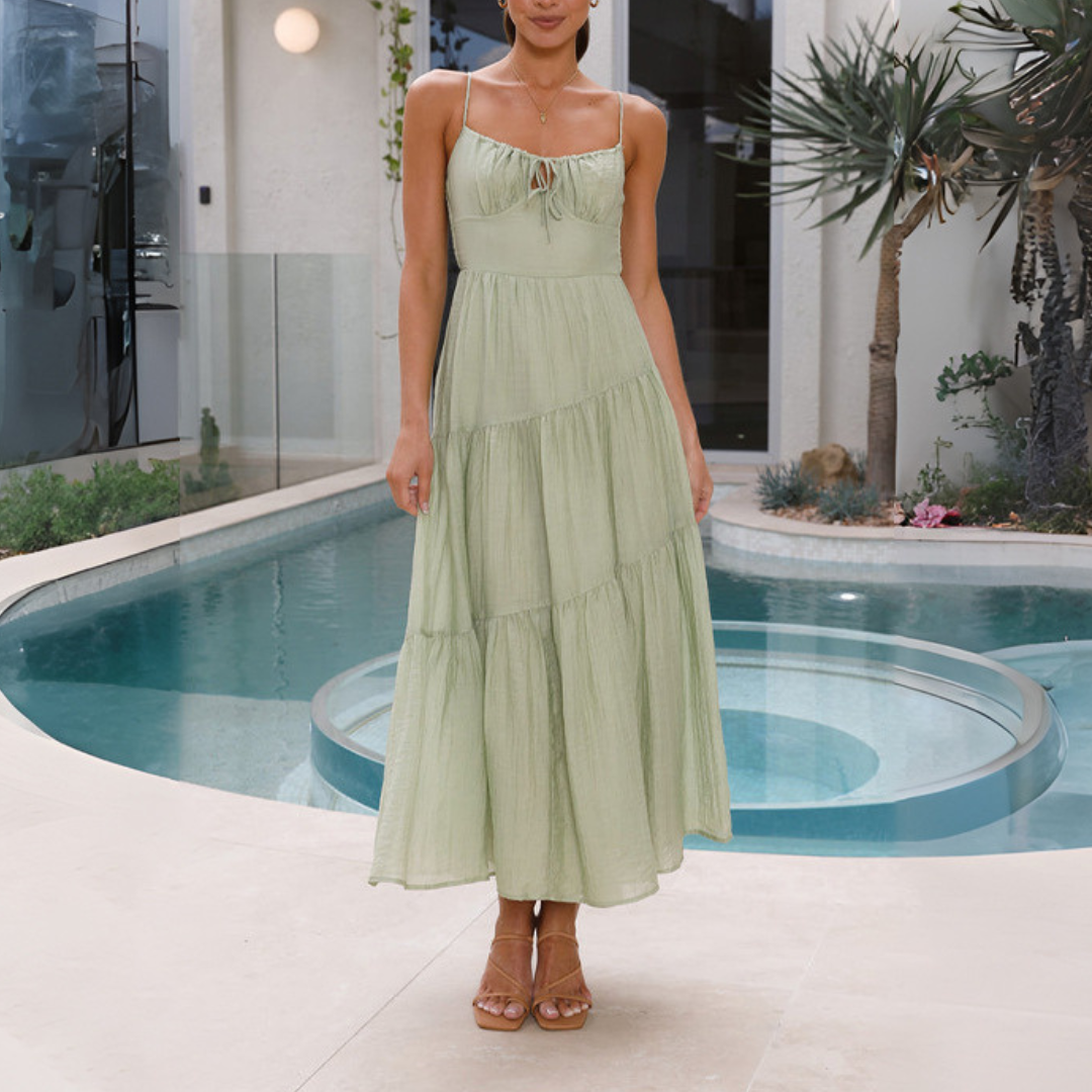 Robe Longue à Bretelles Fines avec Corsage Ajusté et Jupe Évasée à Volants