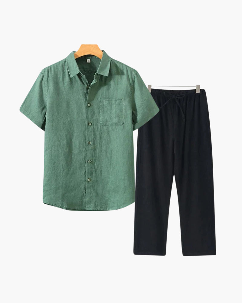 Completo Relax in Lino Puro da Uomo con Camicia a Maniche Lunghe e Pantaloni