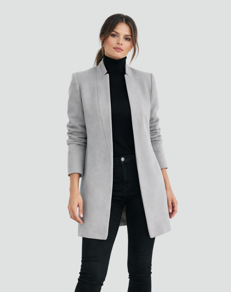 Abrigo largo de mujer para oficina, cálido, elegante, clásico, con cuello redondo, forrado y con bolsillos.