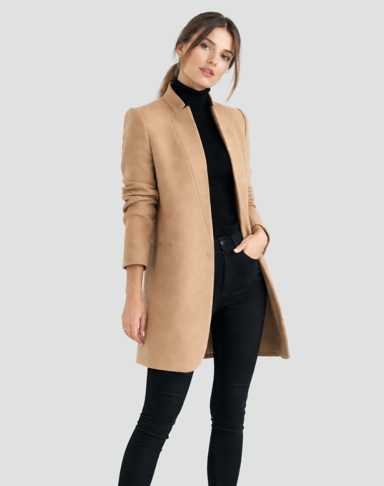 Abrigo largo de mujer para oficina, cálido, elegante, clásico, con cuello redondo, forrado y con bolsillos.
