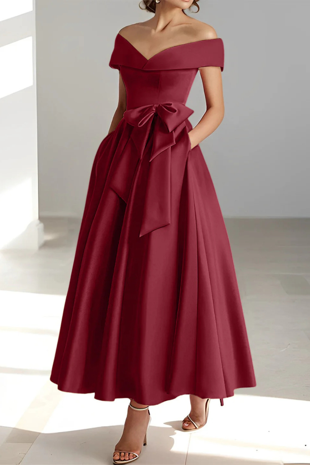 Robe Invitée de Mariage Midi de Style Patineuse à Épaules Nues et Nœud