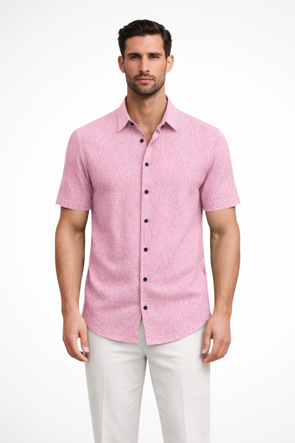 Camisa Casual de Manga Curta para Homem com Textura Sutil e Gola Pontuda
