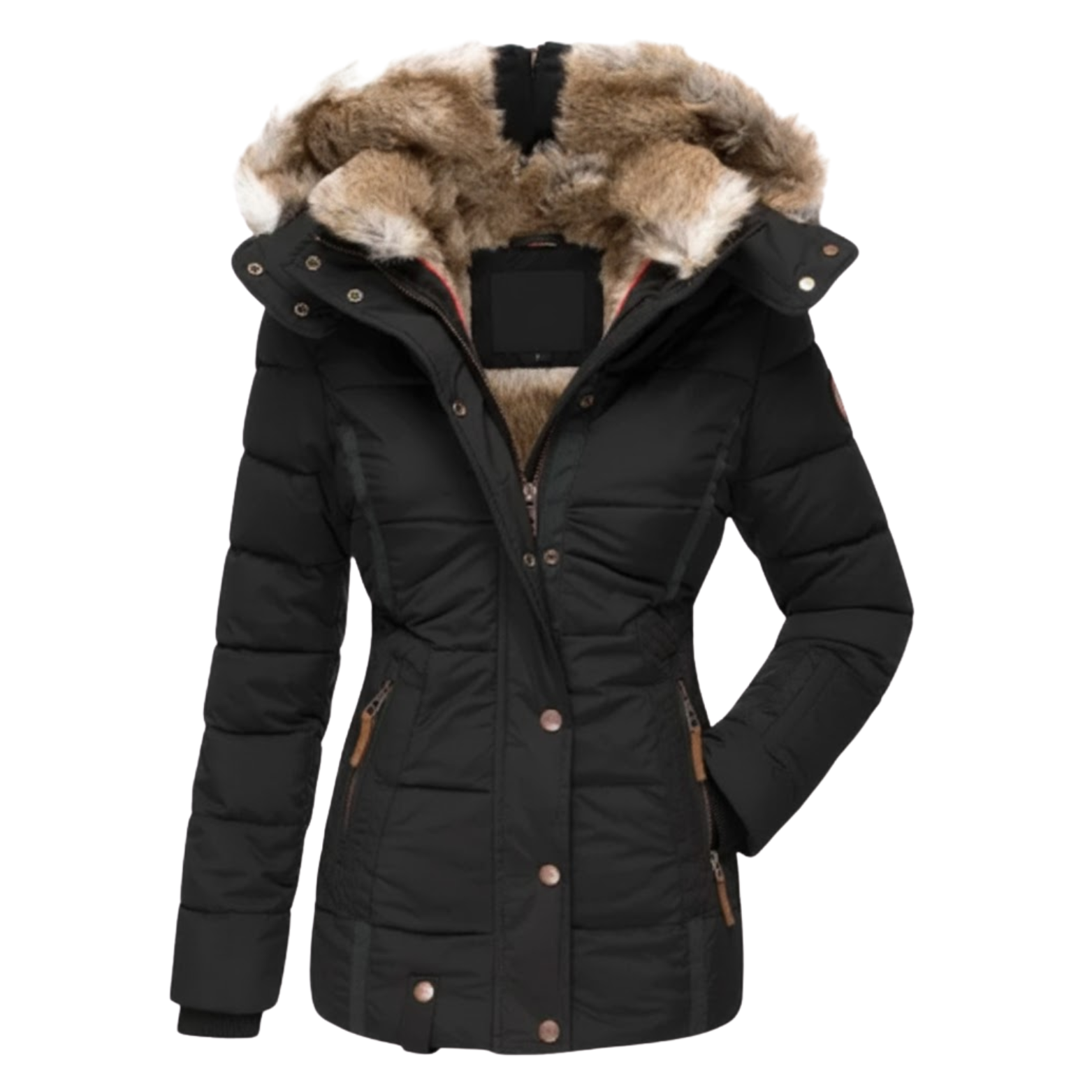 Veste en Coton Chaude Femme Coupe Slim Capuche Col en Fourrure Hiver