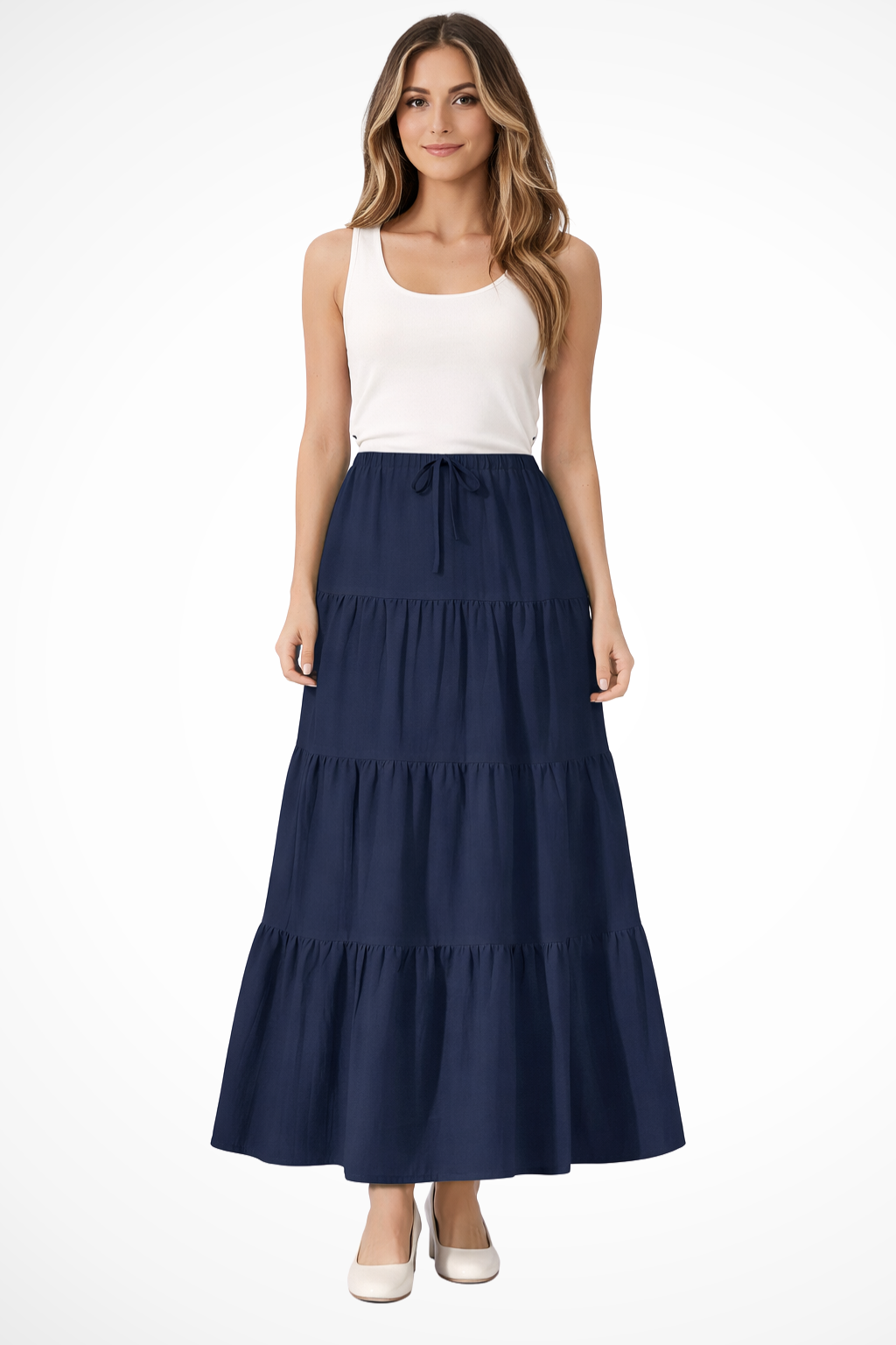 Saia de Estilo Boho com Cintura Alta Ajustável e Painéis Sobrepostos